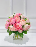 Premium Silk Pink White Peonies French Country Arrangement In Glass Vase