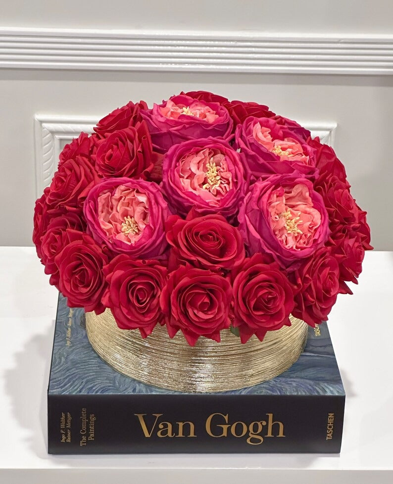 Modern Romantic Real Touch Rose Centerpiece in Ceramic Gold Vase
