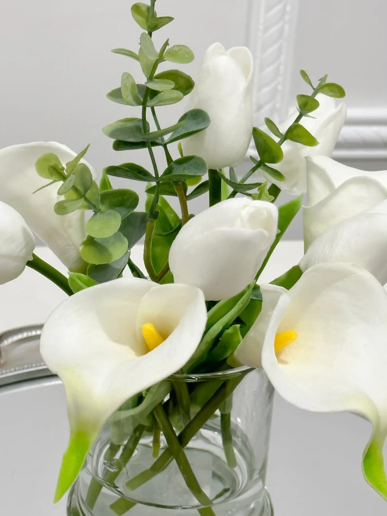 Real Touch White Tulips Calla Lily Modern Home Decor Arrangement in Glass Vase