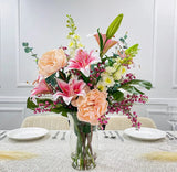 XLarge Exclusive Real Touch Pink French Flower Centerpiece In Glass Vase