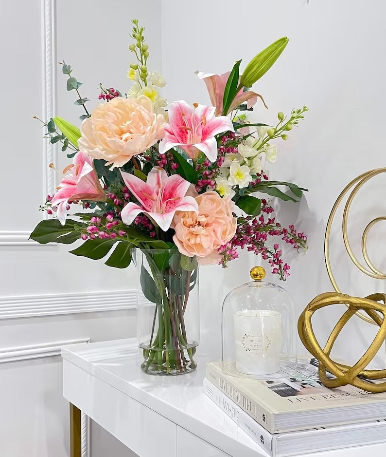 XLarge Exclusive Real Touch Pink French Flower Centerpiece In Glass Vase Main image