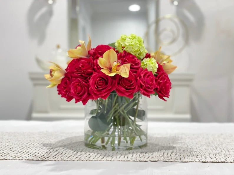 Real Touch Red French Roses Centerpiece for Dining Table in Glass Vase