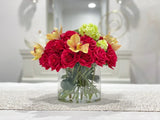 Real Touch Red French Roses Centerpiece for Dining Table in Glass Vase