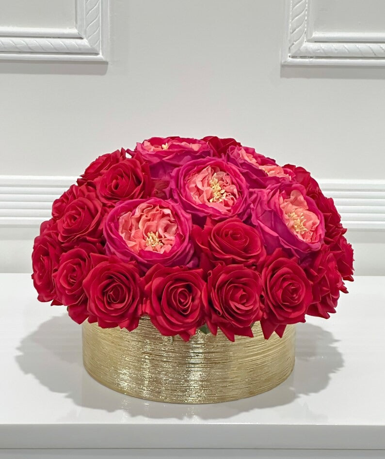 Modern Romantic Real Touch Rose Centerpiece in Ceramic Gold Vase Secondary image