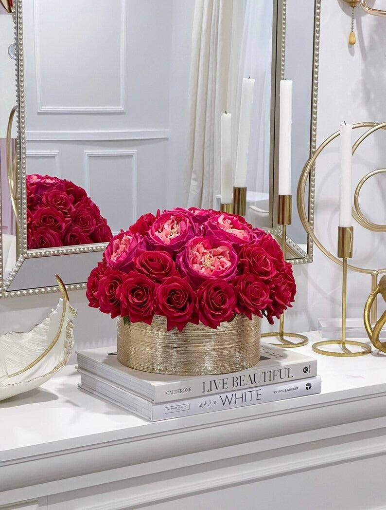 Modern Romantic Real Touch Rose Centerpiece in Ceramic Gold Vase Main image