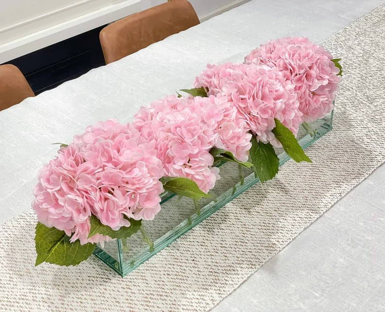 French Artificial Hydrangeas Centerpiece In Long Glass Vase