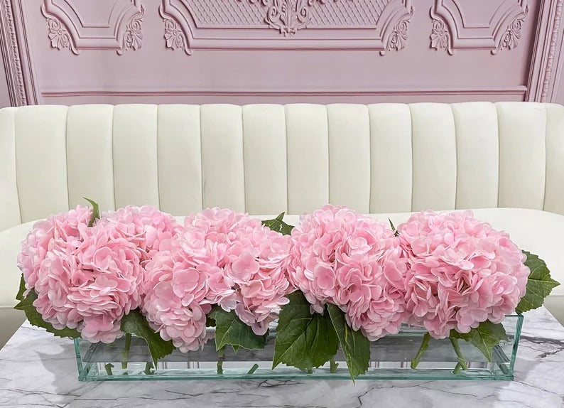 French Artificial Hydrangeas Centerpiece In Long Glass Vase - Flovery