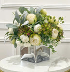 French Country Modern Decor White Peonies, Berries Greenery Lamb's ear Arrangement In Glass Vase