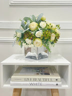 French Country Modern Decor White Peonies, Berries Greenery Lamb's ear Arrangement In Glass Vase