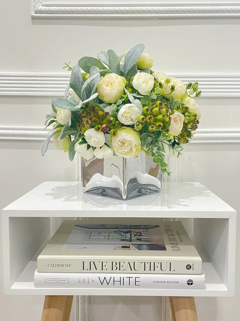 French Country Modern Decor White Peonies, Berries Greenery Lamb's ear Arrangement In Glass Vase