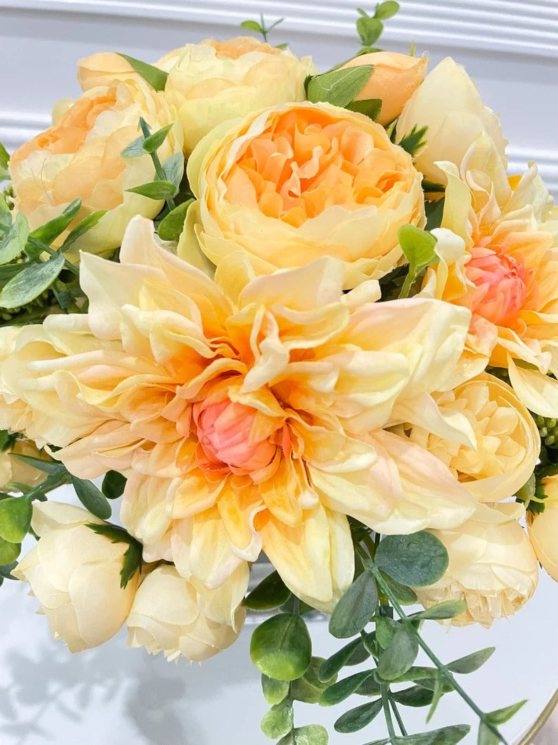 Spring/Summer Yellow Orange Peony Arrangement in Square Glass Vase - Flovery