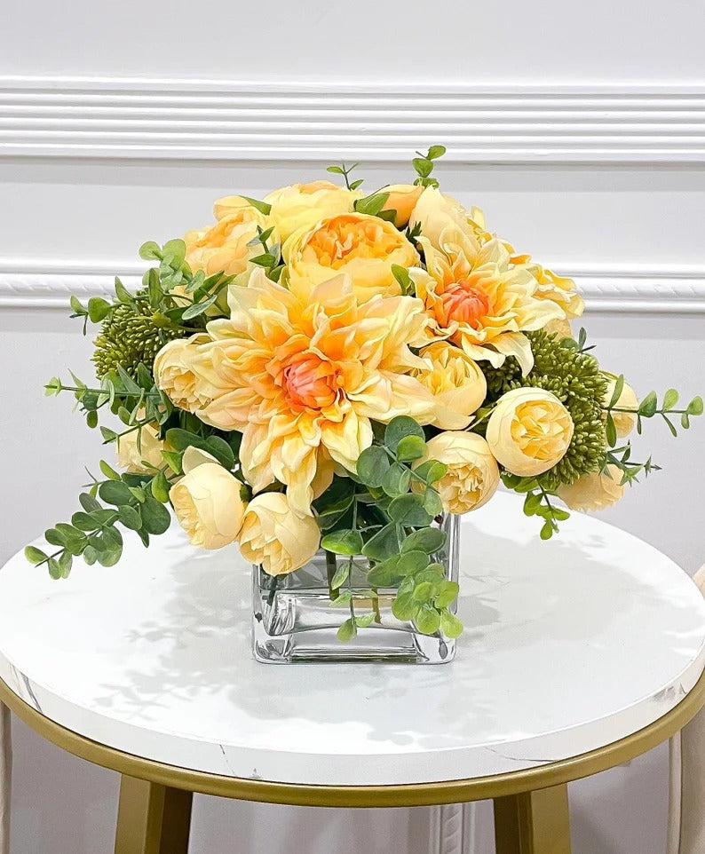 Spring/Summer Yellow Orange Peony Arrangement in Square Glass Vase