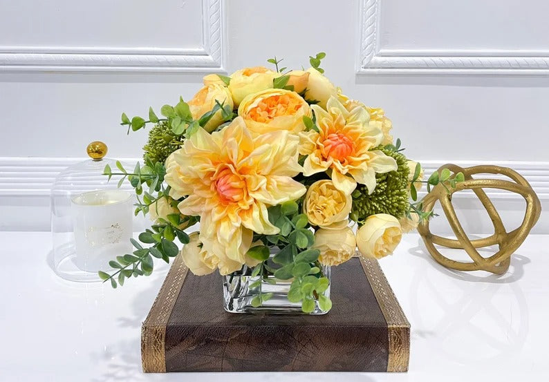 Spring/Summer Yellow Orange Peony Arrangement in Square Glass Vase - Flovery