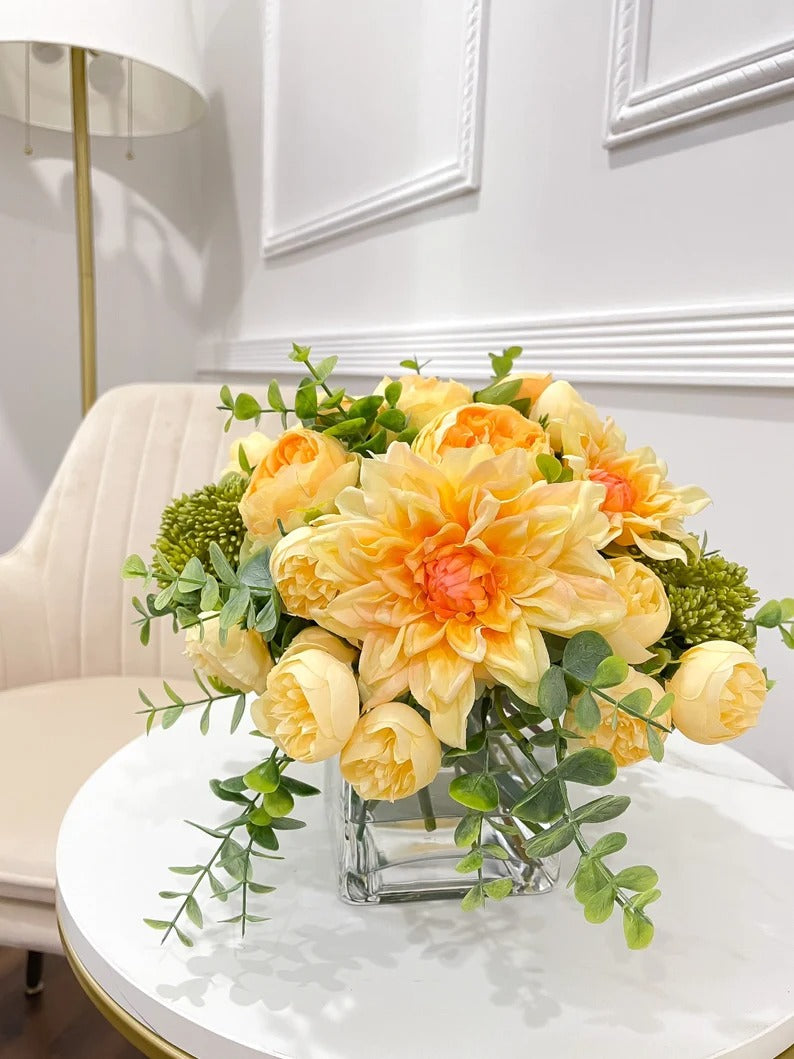 Spring/Summer Yellow Orange Peony Arrangement in Square Glass Vase - Flovery