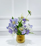 Purple Scabiosa Artificial Faux Floral Centerpiece In Gold Vase - Flovery