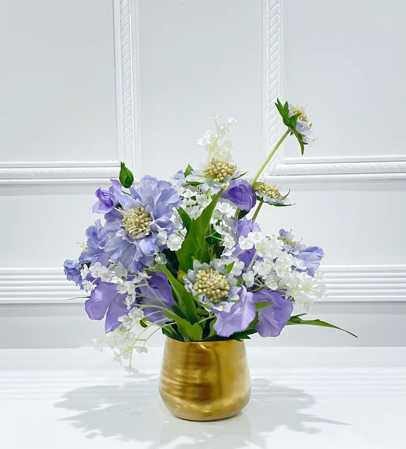 Purple Scabiosa Artificial Faux Floral Centerpiece In Gold Vase - Flovery