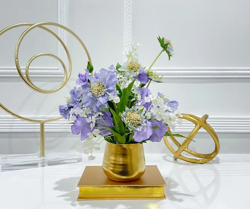 Purple Scabiosa Artificial Faux Floral Centerpiece In Gold Vase - Flovery