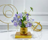 Purple Scabiosa Artificial Faux Floral Centerpiece In Gold Vase