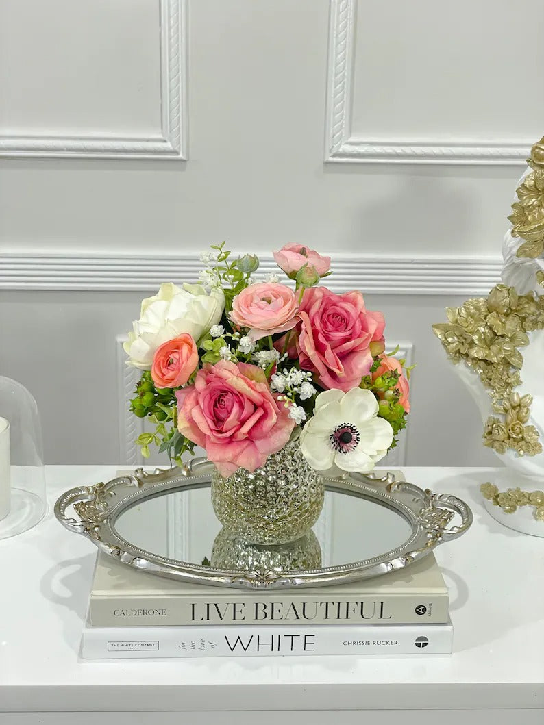 Modern Mixed Silk Floral Rose Centerpiece In Gold Vase - Flovery