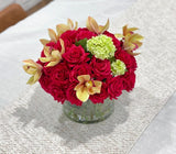 Real Touch Red French Roses Centerpiece for Dining Table in Glass Vase