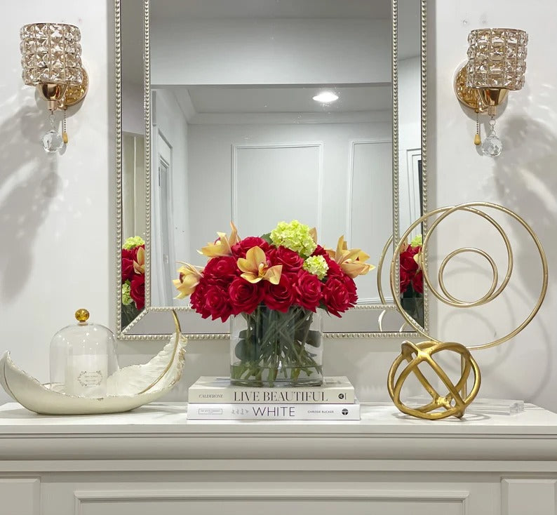 Real Touch Red French Roses Centerpiece for Dining Table in Glass Vase