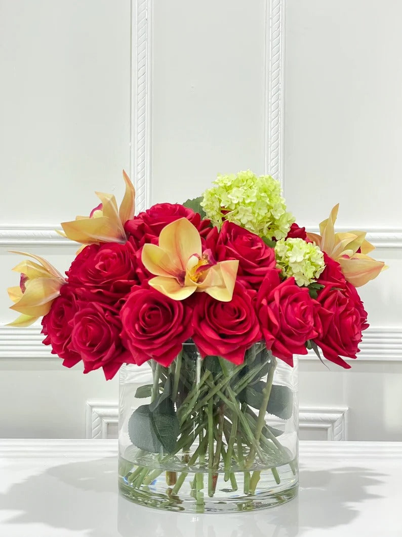 Real Touch Red French Roses Centerpiece for Dining Table in Glass Vase