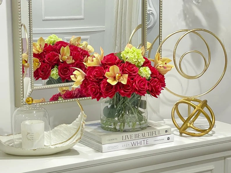 Real Touch Red French Roses Centerpiece for Dining Table in Glass Vase Secondary image