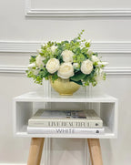 French Country White Peonies with Baby Green Spray Centerpiece In Timeless Gold Vase - Flovery