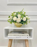 French Country White Peonies with Baby Green Spray Centerpiece In Timeless Gold Vase