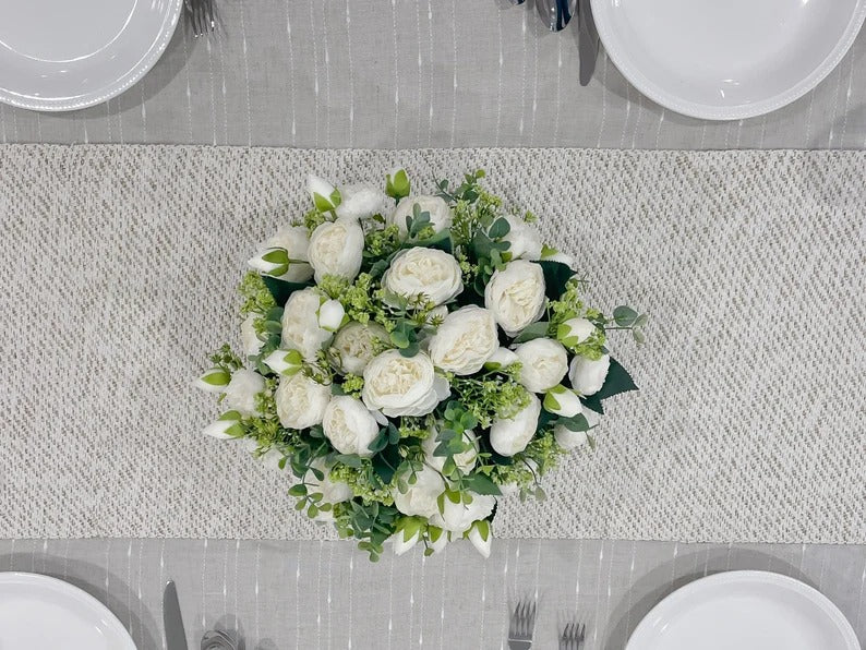 French Country White Peonies with Baby Green Spray Centerpiece In Timeless Gold Vase - Flovery