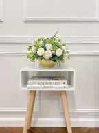 French Country White Peonies with Baby Green Spray Centerpiece In Timeless Gold Vase - Flovery