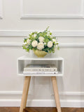 French Country White Peonies with Baby Green Spray Centerpiece In Timeless Gold Vase