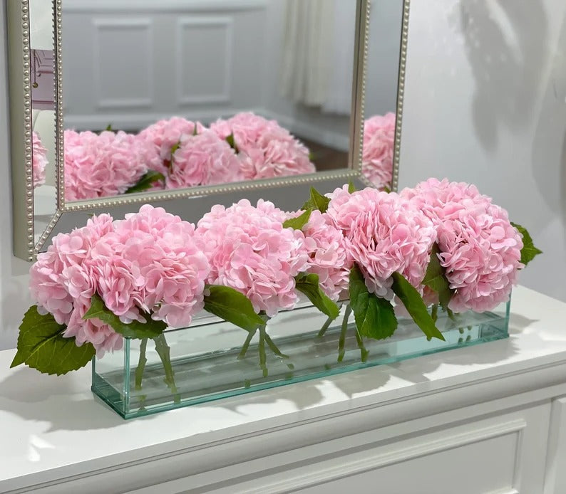 French Artificial Hydrangeas Centerpiece In Long Glass Vase - Flovery