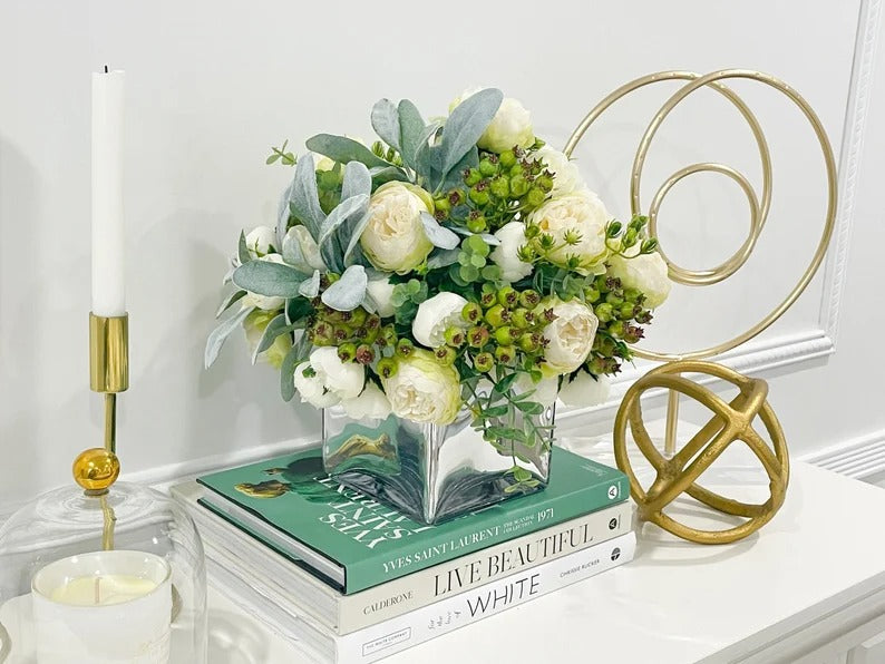 French Country Modern Decor White Peonies, Berries Greenery Lamb's ear Arrangement In Glass Vase