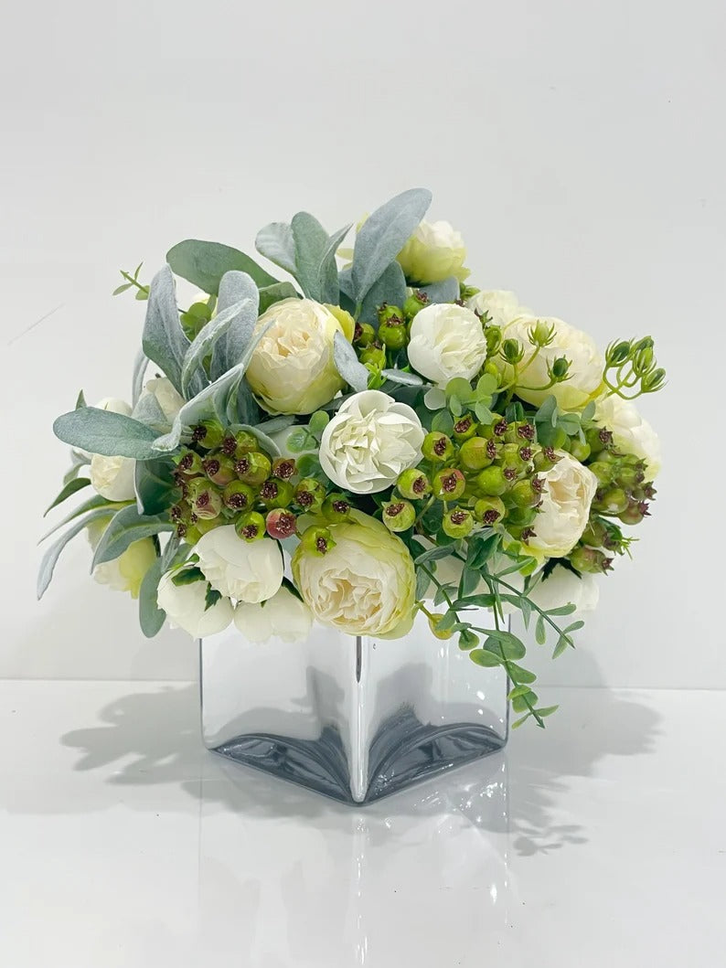 French Country Modern Decor White Peonies, Berries Greenery Lamb's ear Arrangement In Glass Vase Secondary image