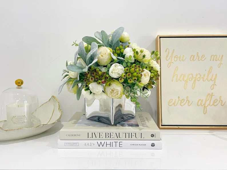 French Country Modern Decor White Peonies, Berries Greenery Lamb's ear Arrangement In Glass Vase Main image