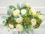 French Country Modern Decor White Peonies, Berries Greenery Lamb's ear Arrangement In Glass Vase