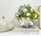French Country Modern Decor White Peonies, Berries Greenery Lamb's ear Arrangement In Glass Vase