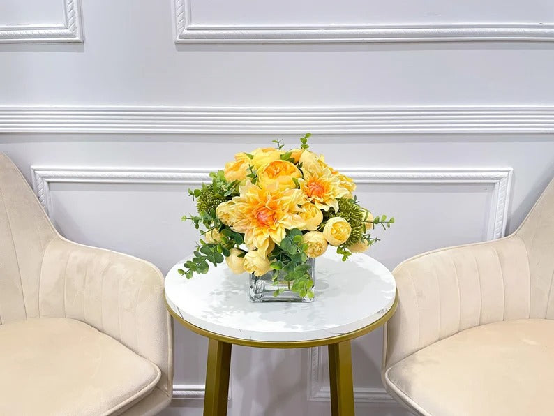 Spring/Summer Yellow Orange Peony Arrangement in Square Glass Vase - Flovery