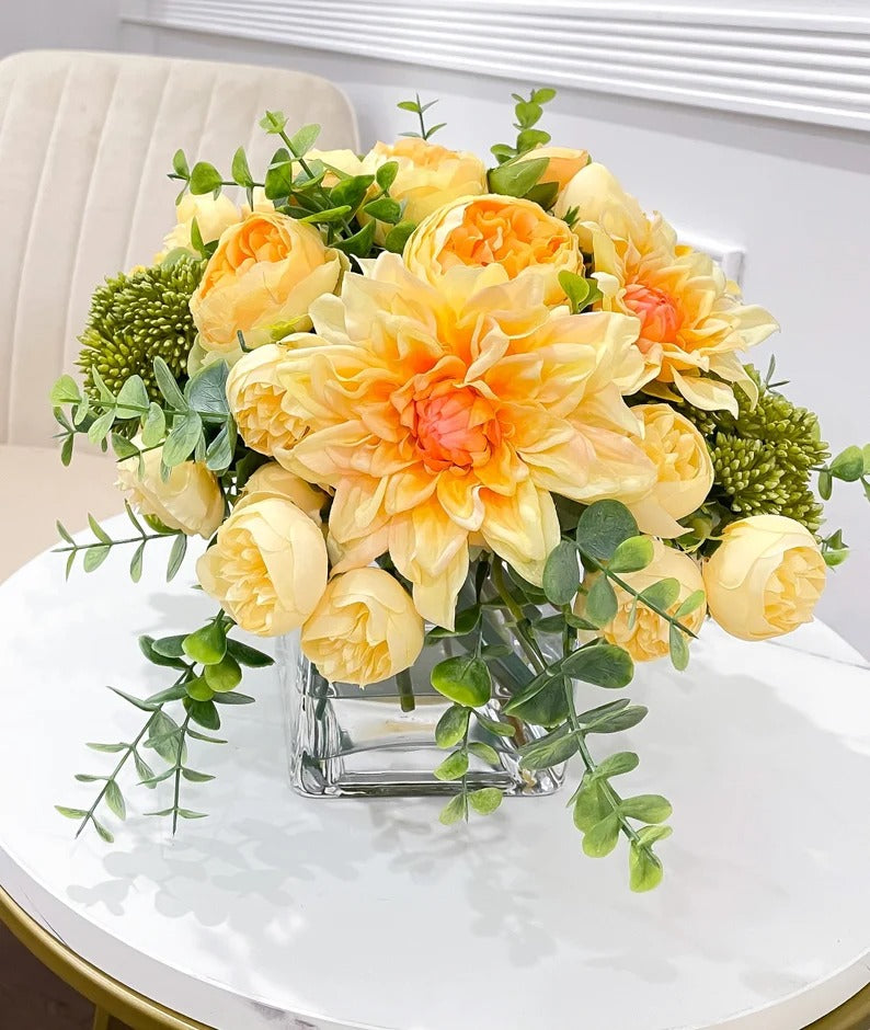Spring/Summer Yellow Orange Peony Arrangement in Square Glass Vase - Flovery