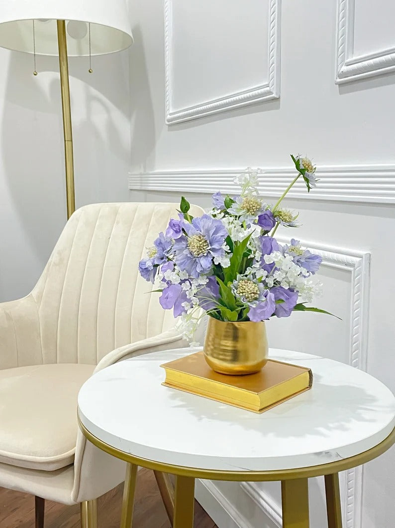 Purple Scabiosa Artificial Faux Floral Centerpiece In Gold Vase - Flovery