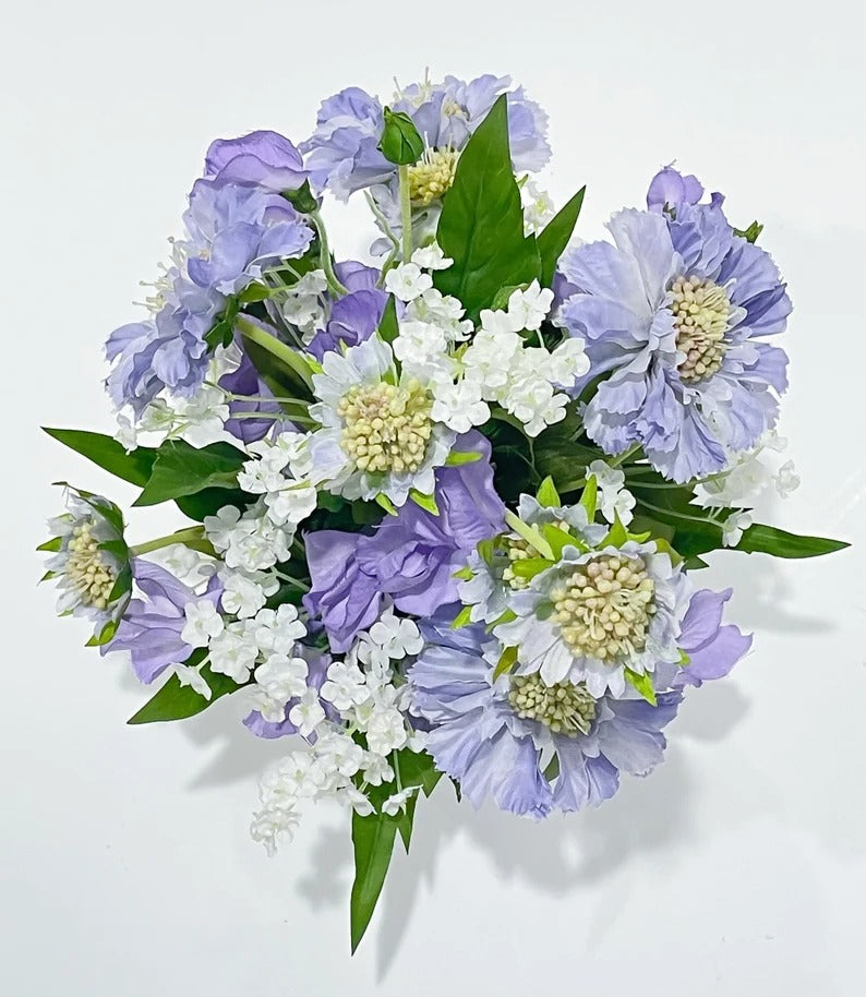 Purple Scabiosa Artificial Faux Floral Centerpiece In Gold Vase Secondary image