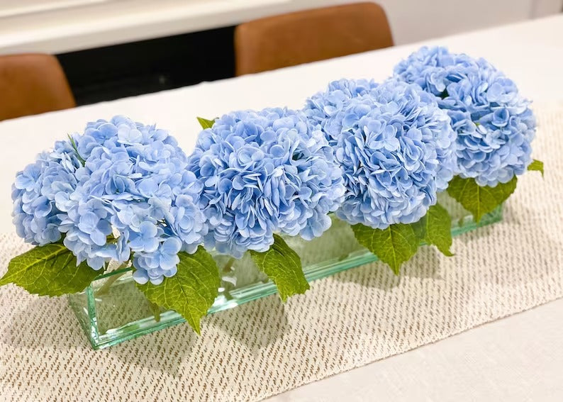 French Artificial Hydrangeas Centerpiece In Long Glass Vase - Flovery