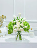 17-in Real Touch Hydrangea Peony Tulip Centerpiece in Glass Vase