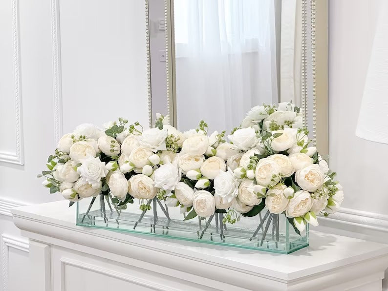 24-in Modern White Rose Peony Arrangement in Long Glass Vase - Flovery