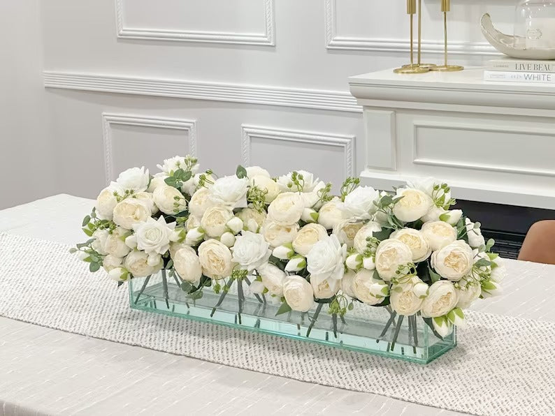 24-in Modern White Rose Peony Arrangement in Long Glass Vase