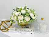 French Country White Peonies with Baby Green Spray Centerpiece In Timeless Gold Vase