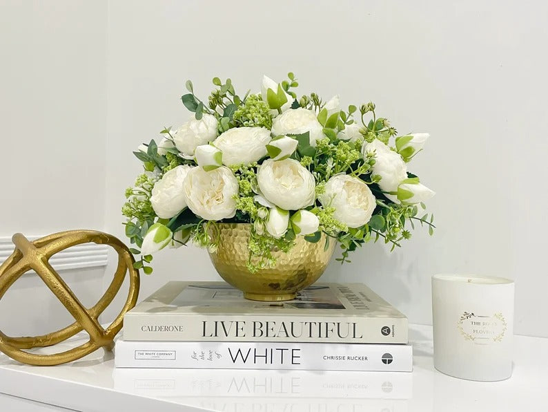 French Country White Peonies with Baby Green Spray Centerpiece In Timeless Gold Vase