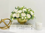 French Country White Peonies with Baby Green Spray Centerpiece In Timeless Gold Vase - Flovery