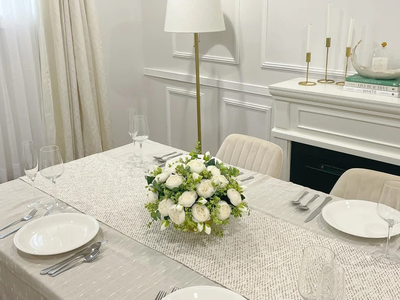 French Country White Peonies with Baby Green Spray Centerpiece In Timeless Gold Vase - Flovery
